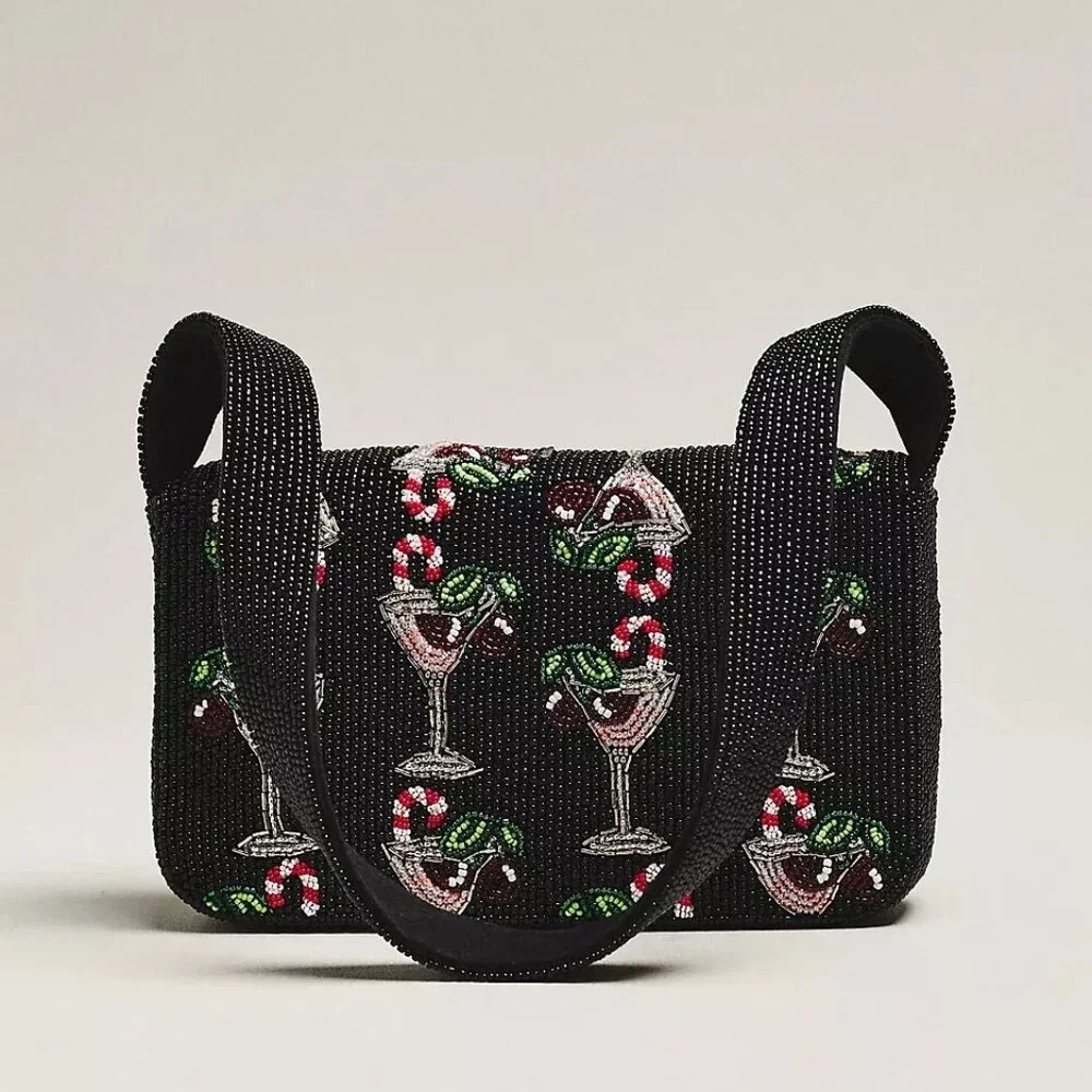 ANTHROPOLOGIE FIONA BEADED BAG  FOOD & DRINK EDITION Black Cherry Cocktail - Picture 3 of 4